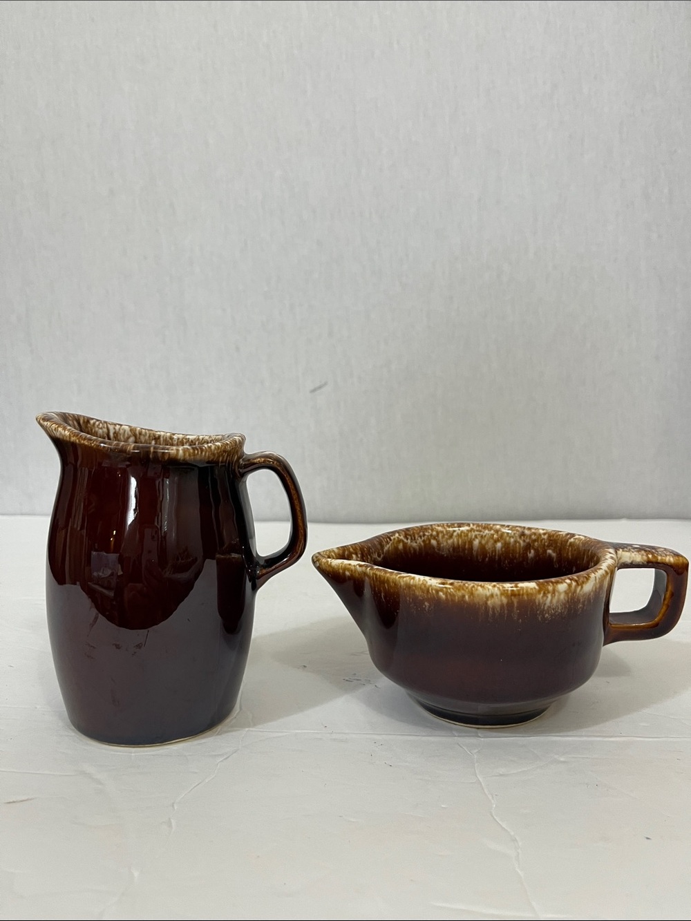 Vintage Hull Pottery Brown Mirror Glaze Ceramic MCM small pitcher & creamer set